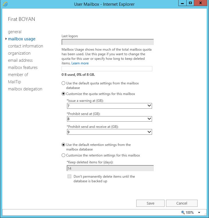 Exchange Server 2016 User Mailbox Boyutu Yapılandırması