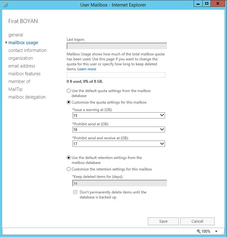 Exchange Server 2016 User Mailbox Boyutu Yapılandırması