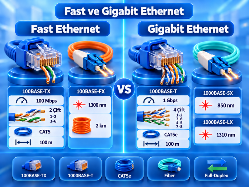Fast ve Gigabit Ethernet Teknolojilerinde CAT ve Fiber Kablo Türleri