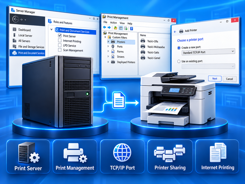 Print Server Kurulumu, Yazıcı Paylaşımı ve Yönetimsel Ayarlar