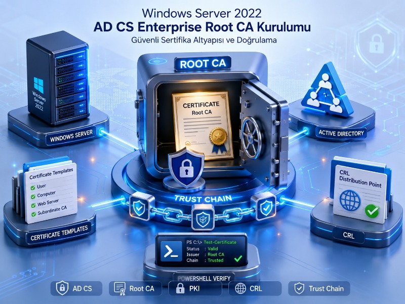 Windows Server 2022'de AD CS Enterprise Root CA Kurulumu ve Sertifika Doğrulama Adımları