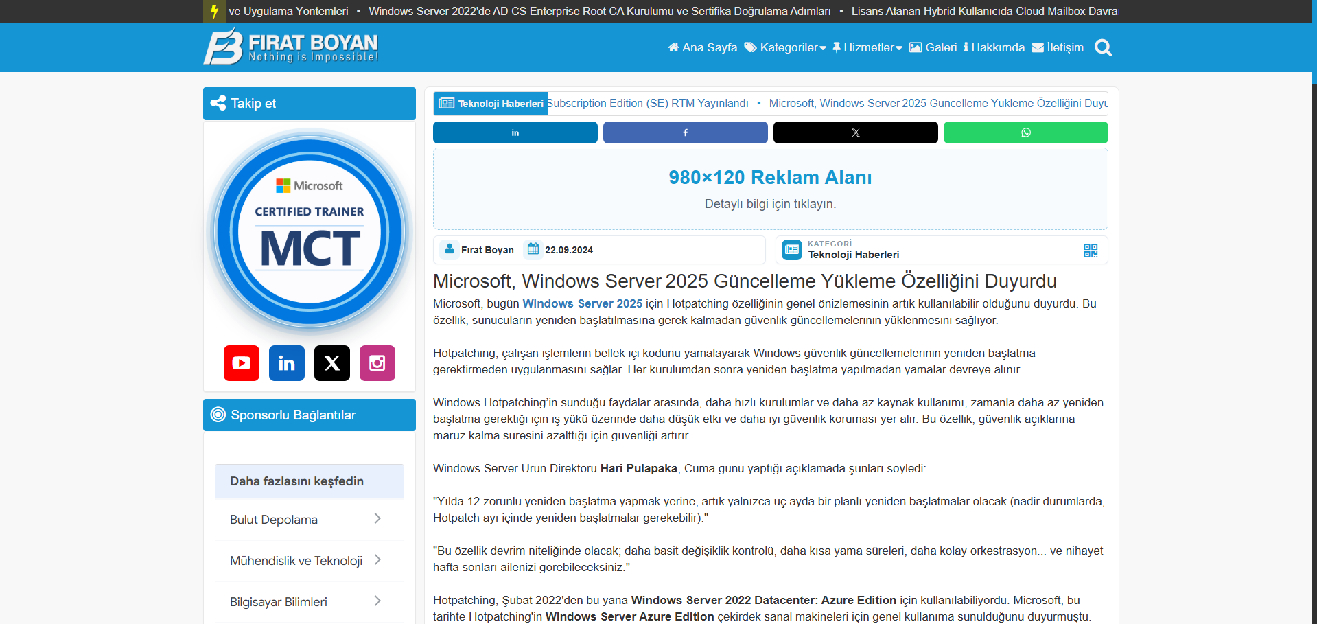 Haber sayfası banner reklam örneği - firatboyan.com