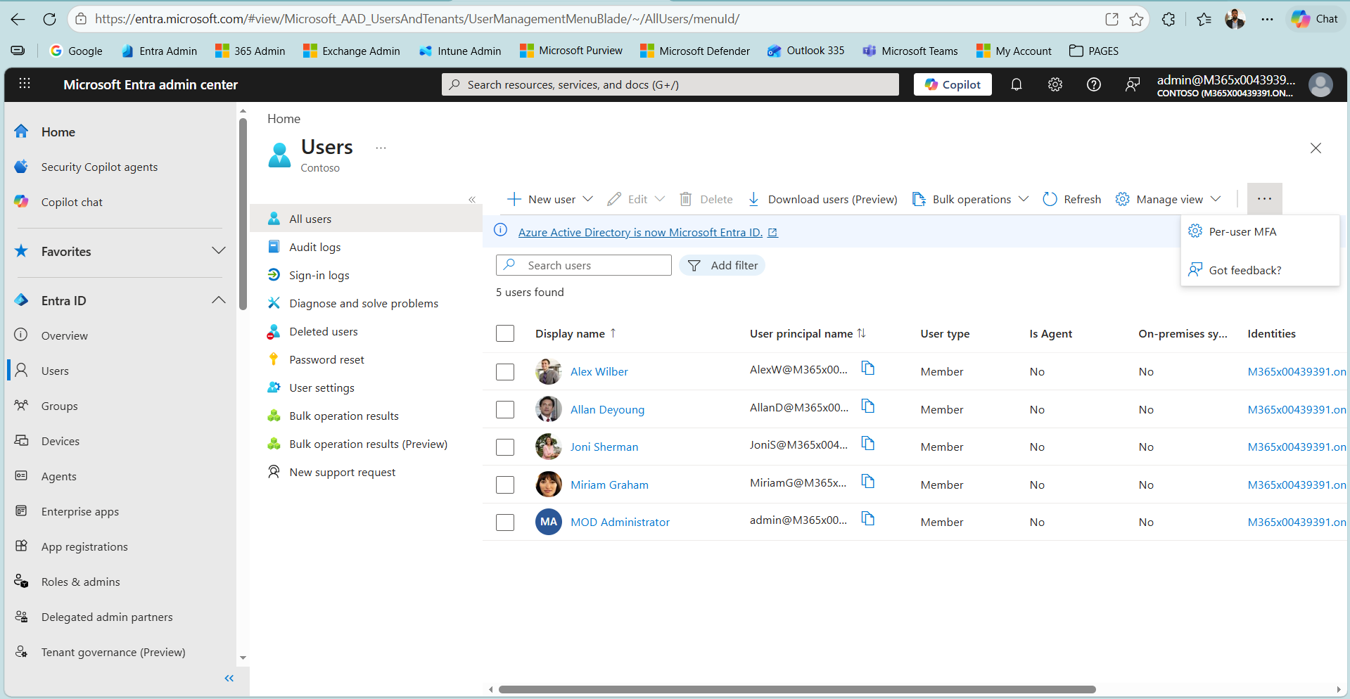 Entra admin center All users ekranında Per-user MFA menüsü