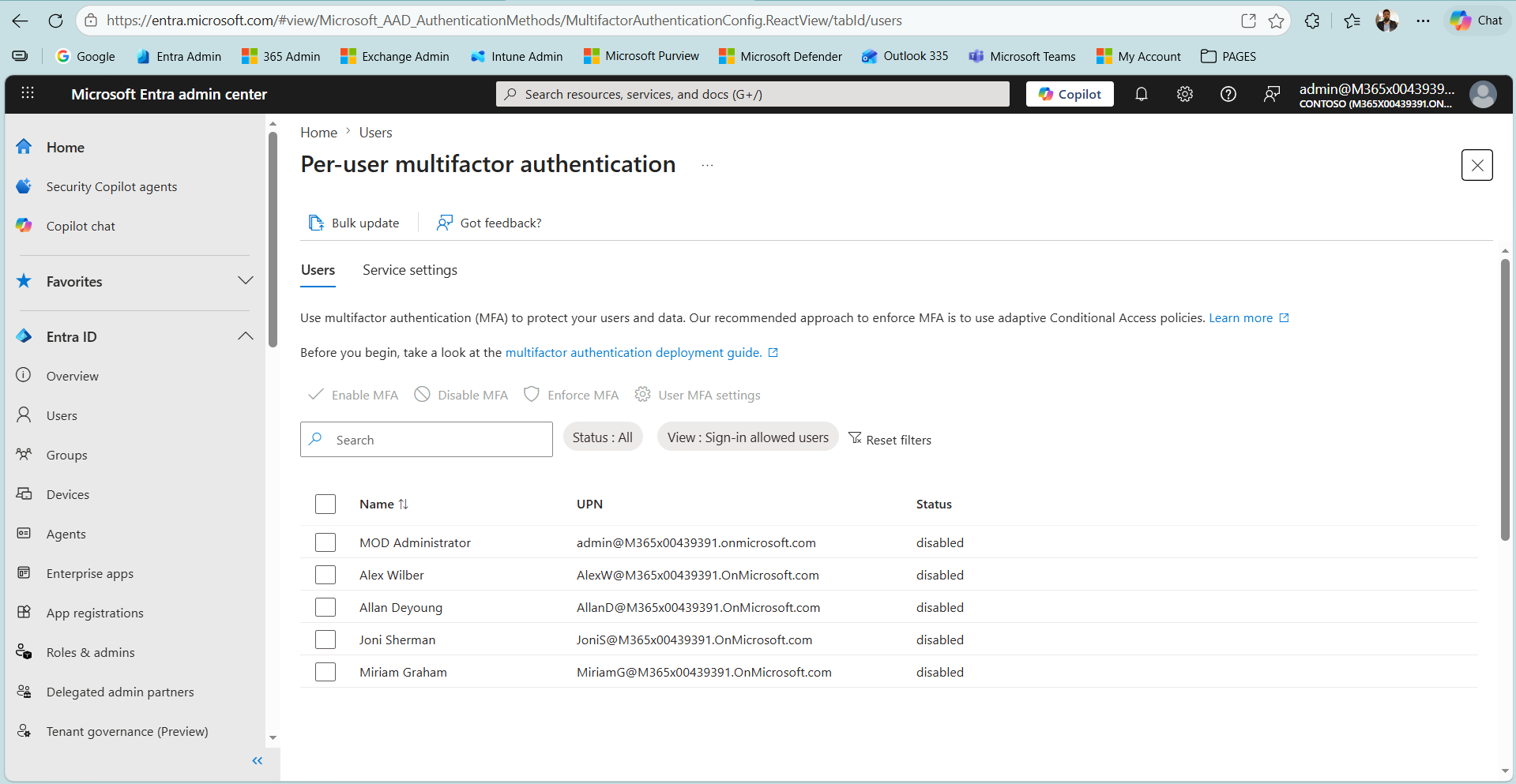 Per-user multifactor authentication yönetim sayfası