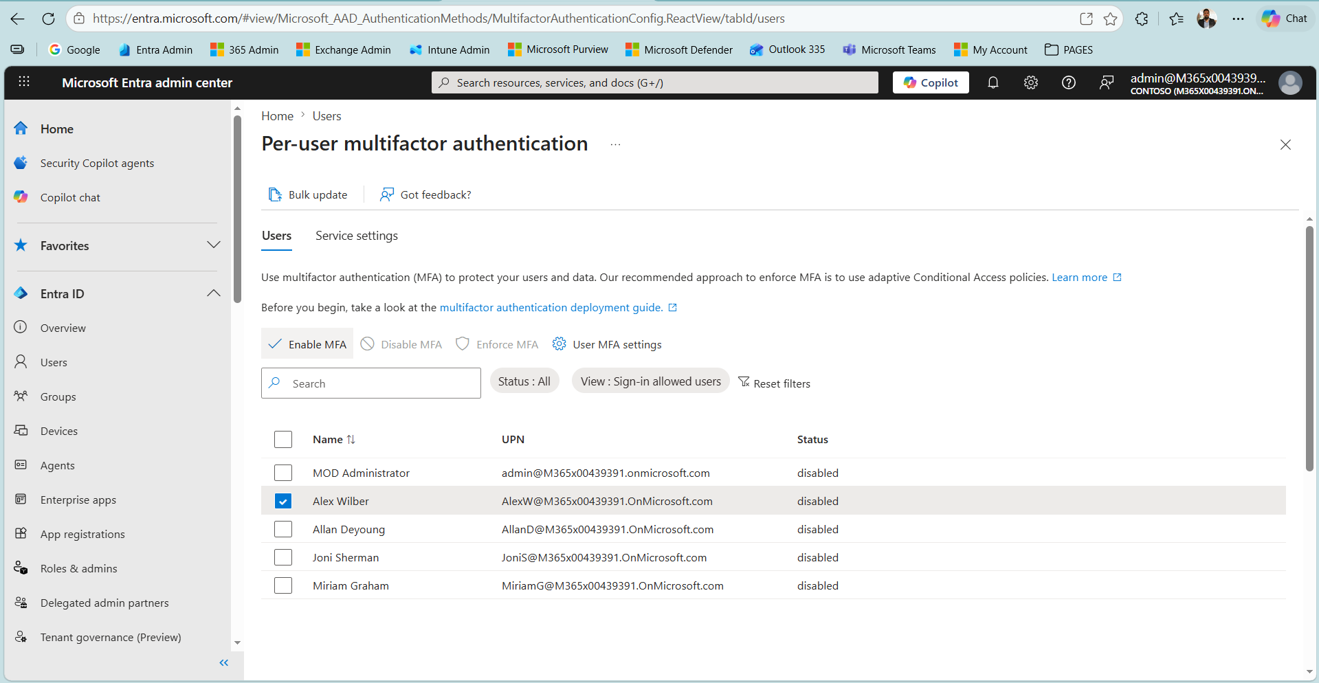 Per-user MFA ekranında kullanıcı seçimi ve Enable MFA