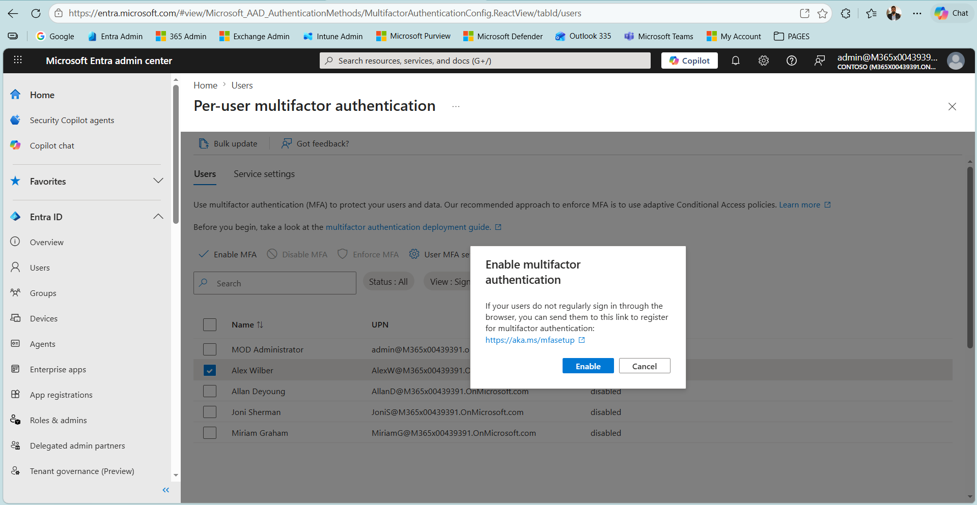 Enable multifactor authentication onay penceresi ve mfasetup bağlantısı