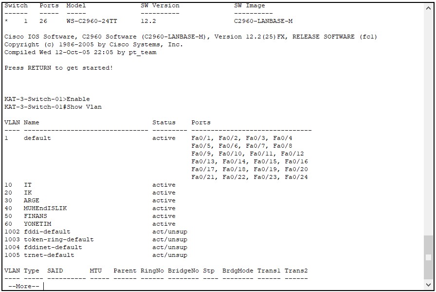 Vlan oluşturma Trunk yapılandırma