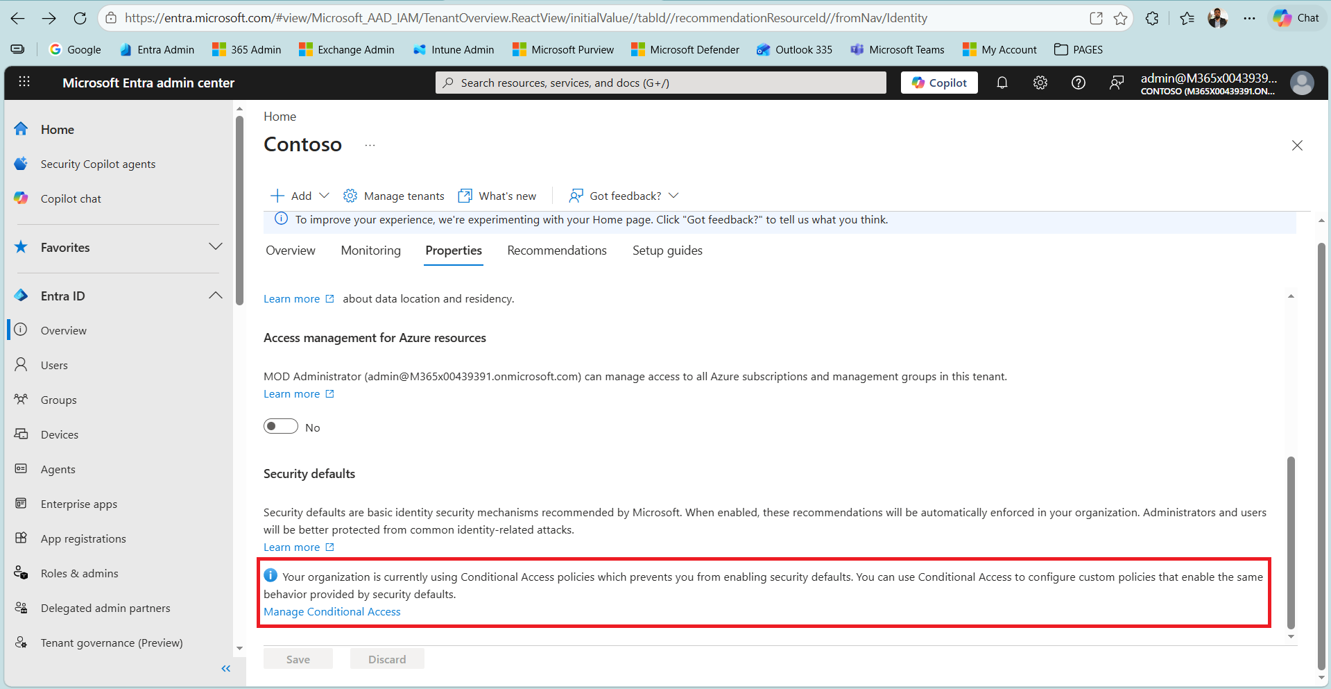 Conditional Access etkinken Security defaults bölümündeki engelleyici bilgi notu