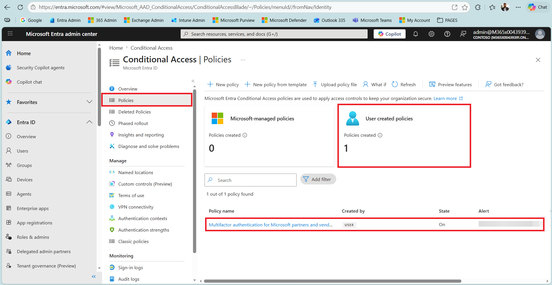 Conditional Access Policies listesinde On durumundaki tek politika