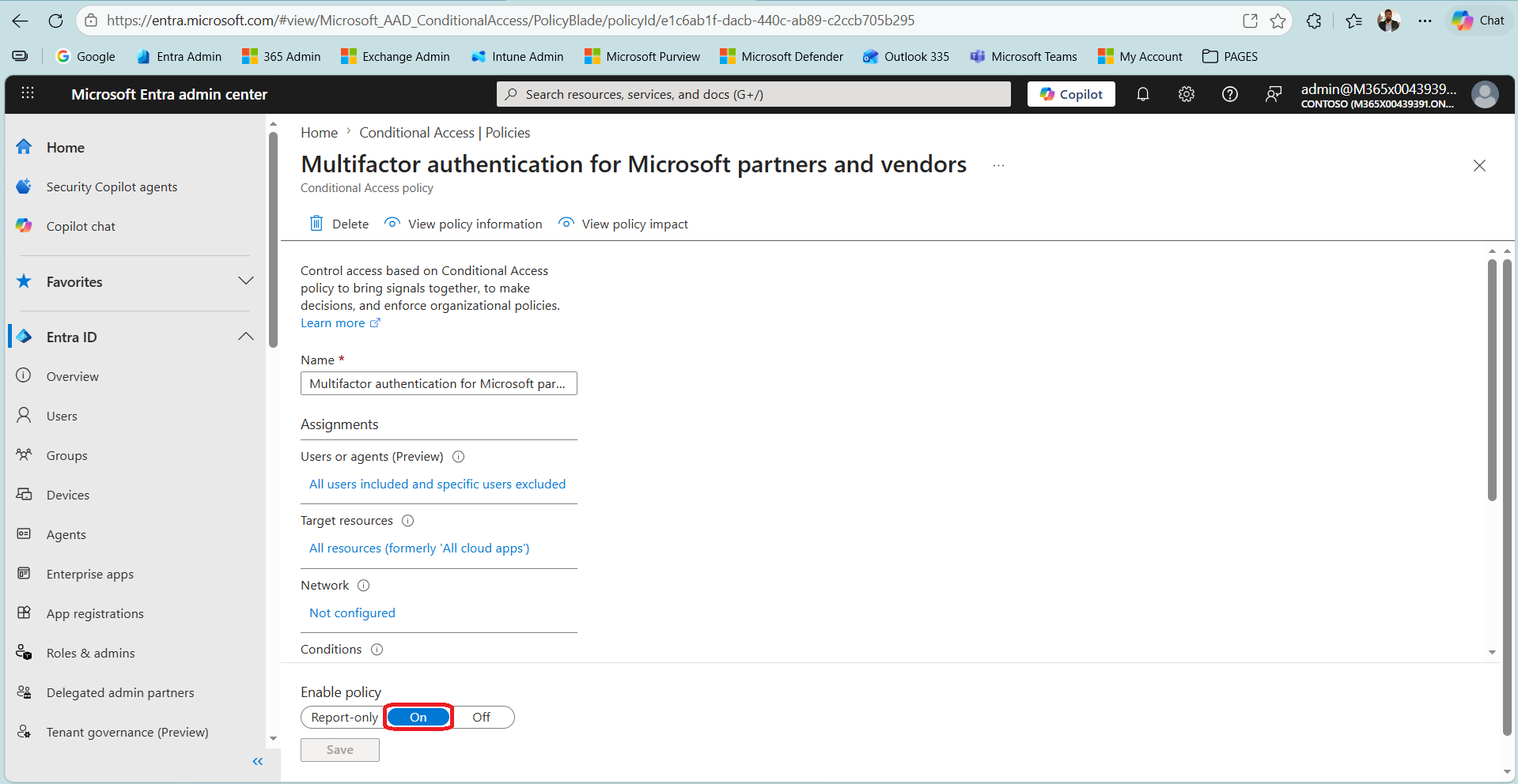 Conditional Access politikasının atamaları ve Enable policy kontrolü On konumunda