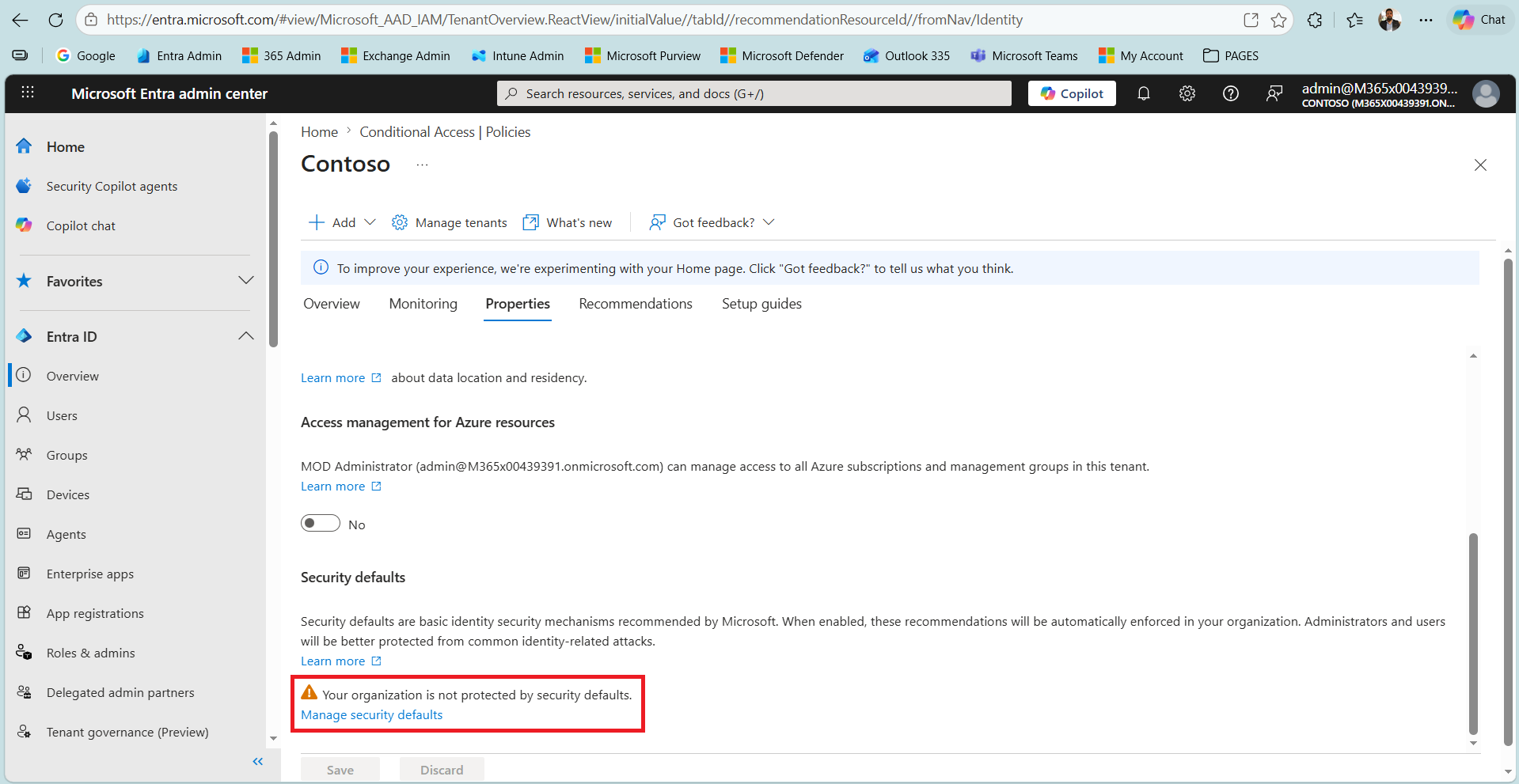 Conditional Access kapatıldıktan sonra görünür hale gelen Manage security defaults bağlantısı