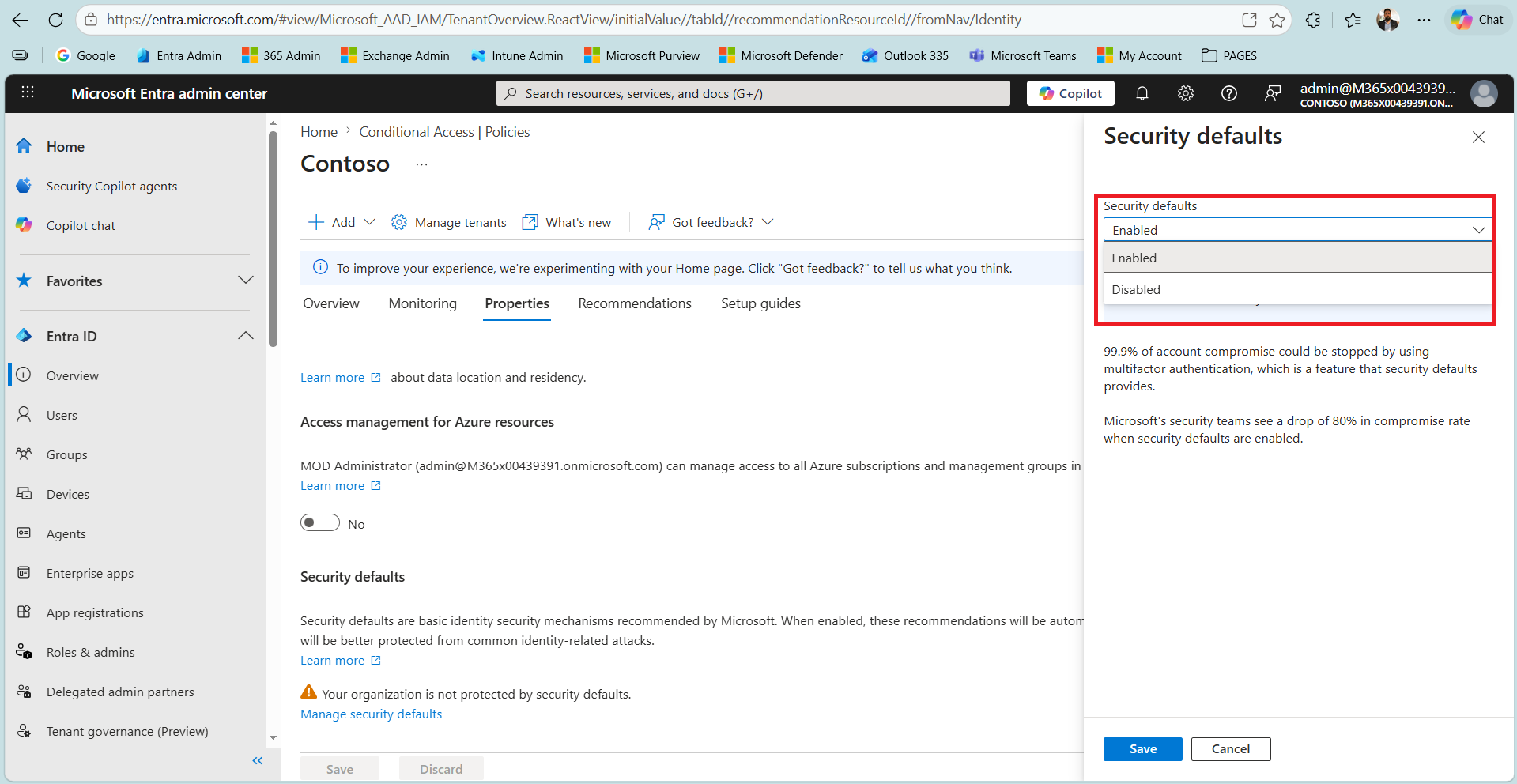 Manage security defaults panelinde Enabled ve Disabled seçeneklerini içeren liste