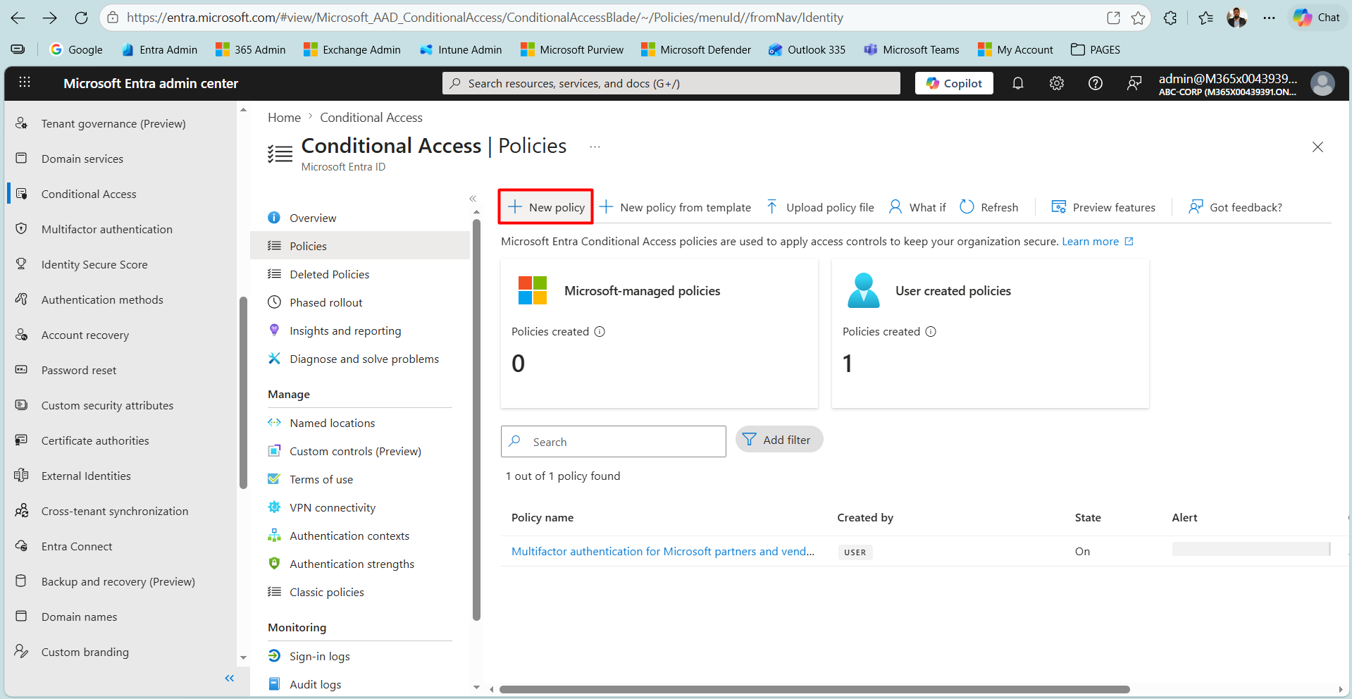 Conditional Access Policies ekranında New policy ile yeni politika oluşturma
