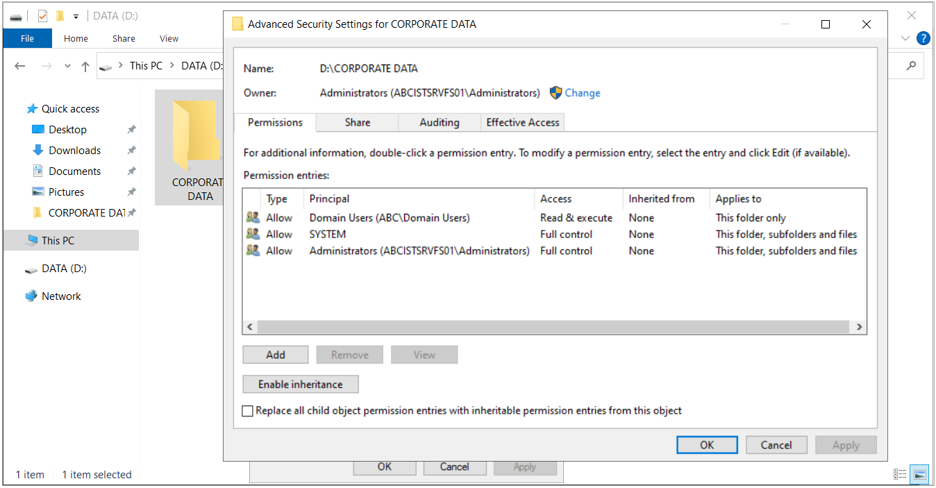 CORPORATE DATA kök klasörü NTFS izinleri ve kaldırılmış kalıtım
