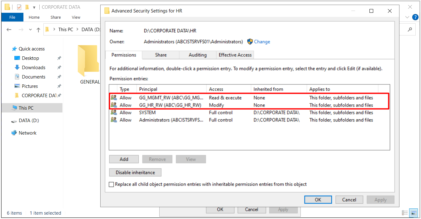 HR klasöründe GG_HR_RW ve GG_MGMT_RW NTFS izinleri