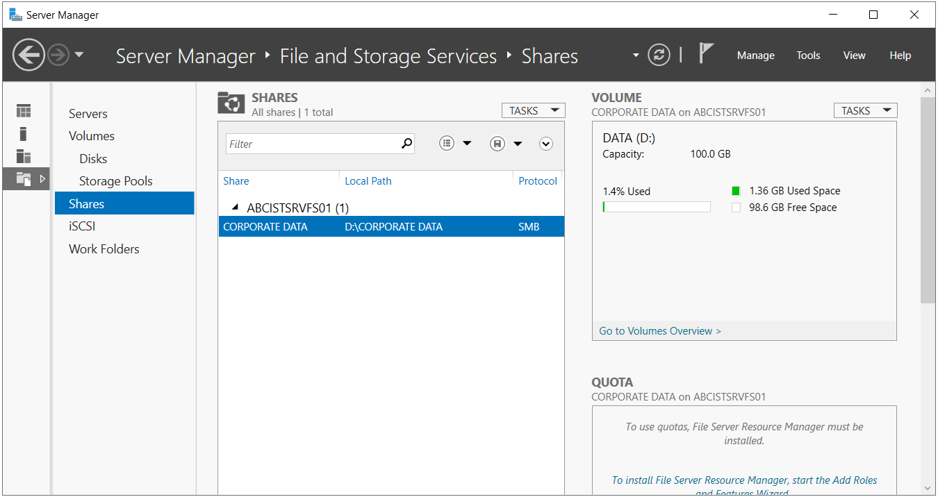 Server Manager Shares listesinde CORPORATE DATA paylaşımı