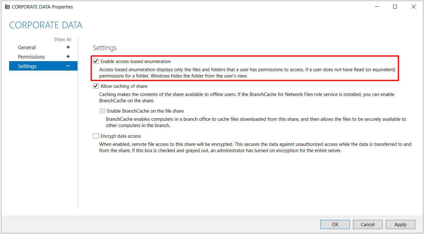 Settings bölümünde Enable access-based enumeration seçeneği