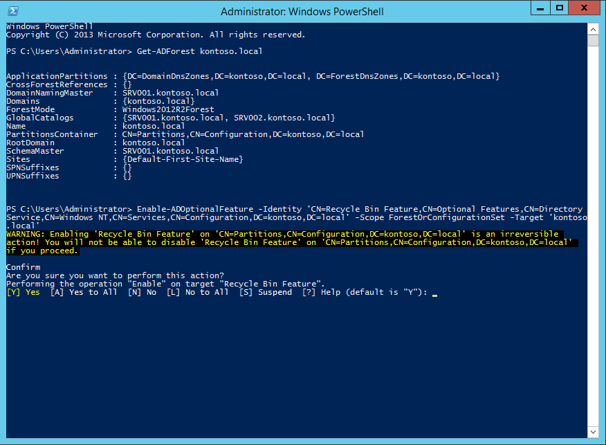 powershell active directory recycle bin aktifleştirme