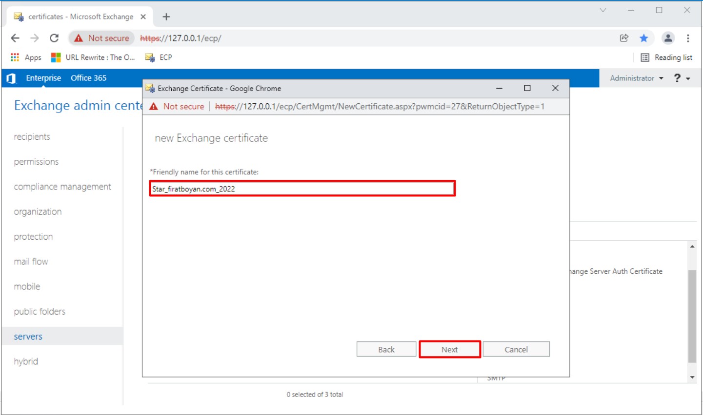 Exchange Server Wildcard sertifika oluşturma