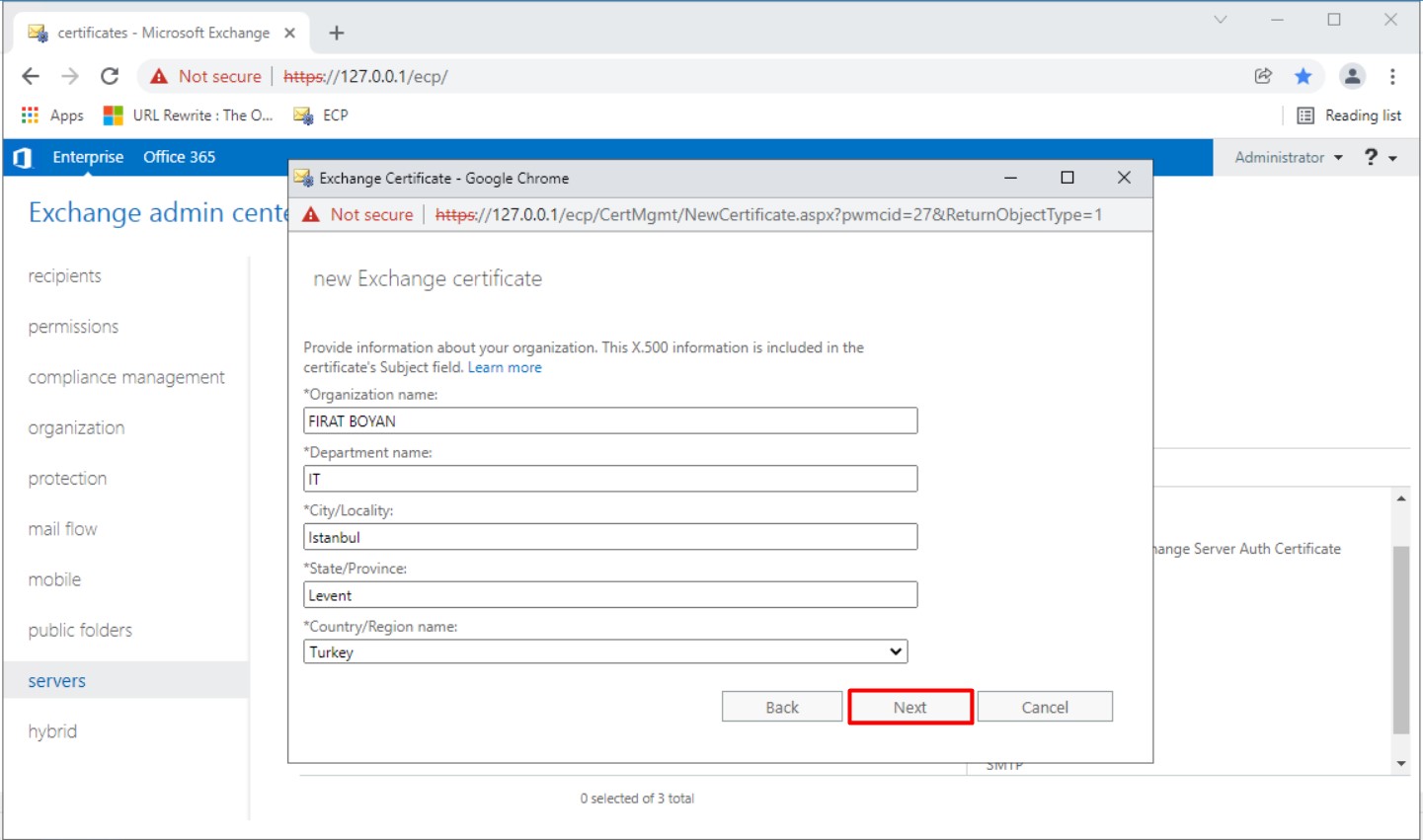 Exchange Server Wildcard sertifika oluşturma
