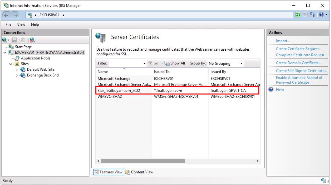 Exchange Server Wildcard sertifika oluşturma