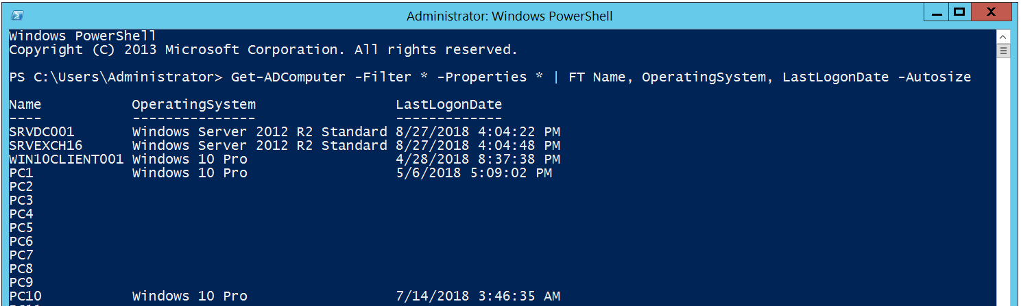 power shell ile host name isletim sistemi last log bilgileri