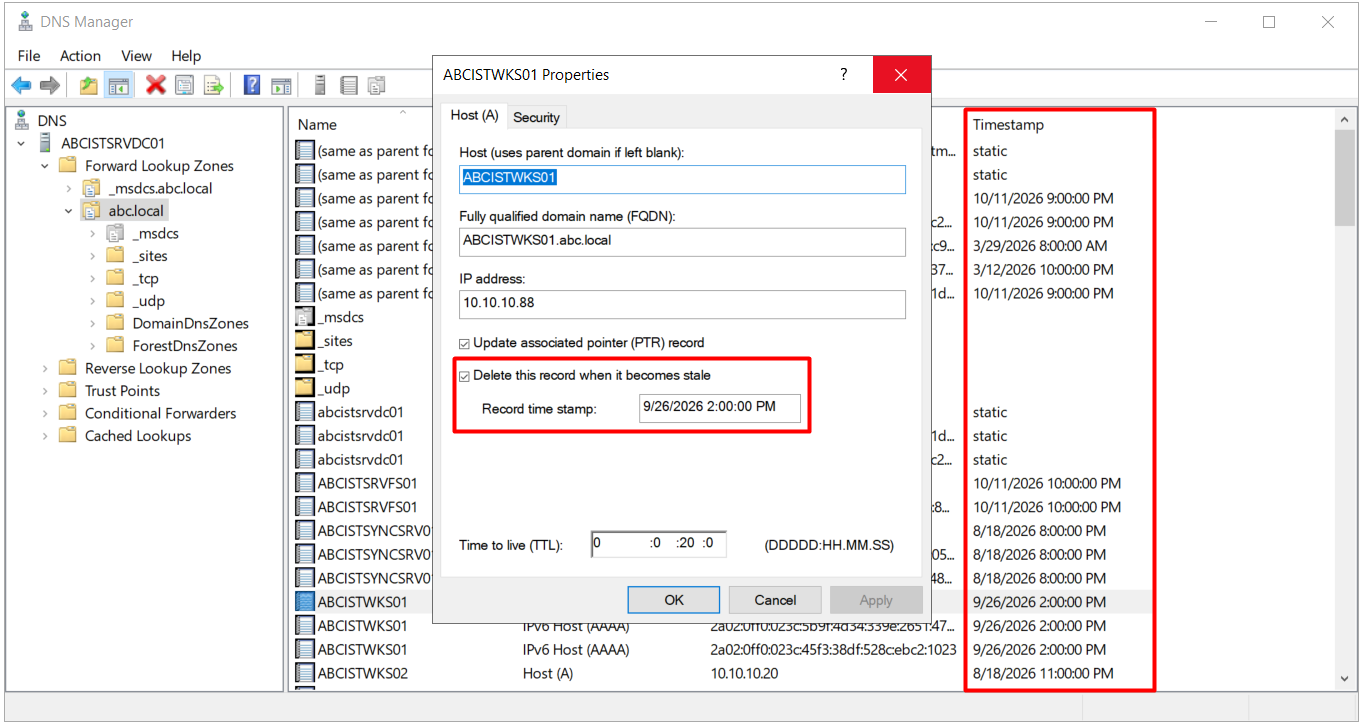 DNS Manager Advanced görünümde Timestamp sütunu ve ABCISTWKS01 kaydının Record time stamp değeri