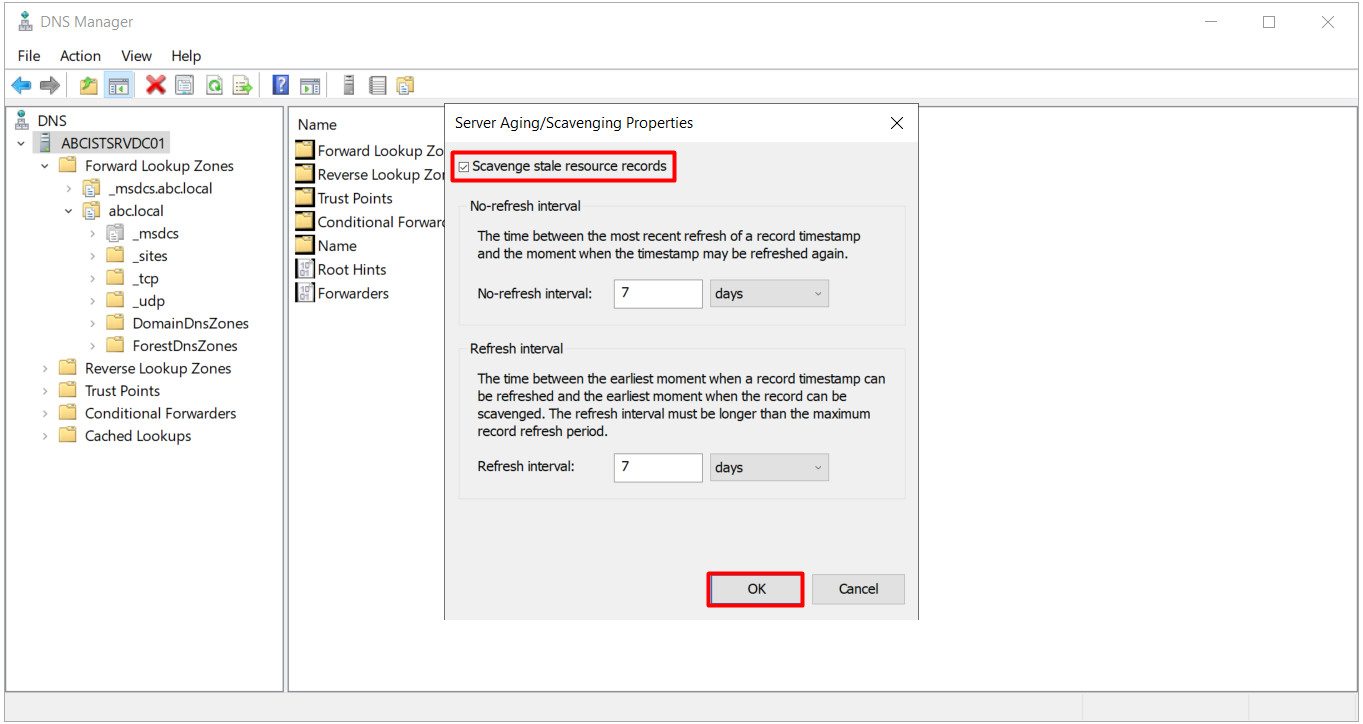 Server Aging/Scavenging Properties penceresinde No-refresh ve Refresh interval değerleri