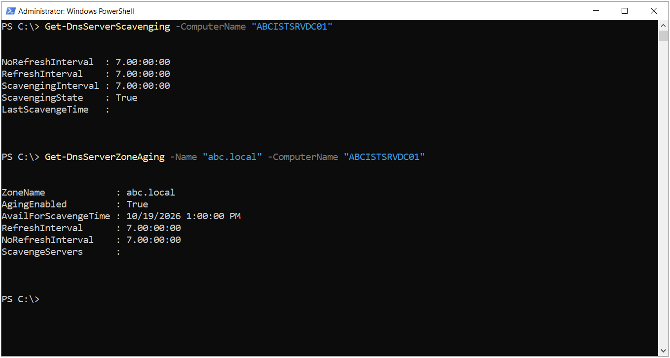 Get-DnsServerScavenging ve Get-DnsServerZoneAging komut çıktıları