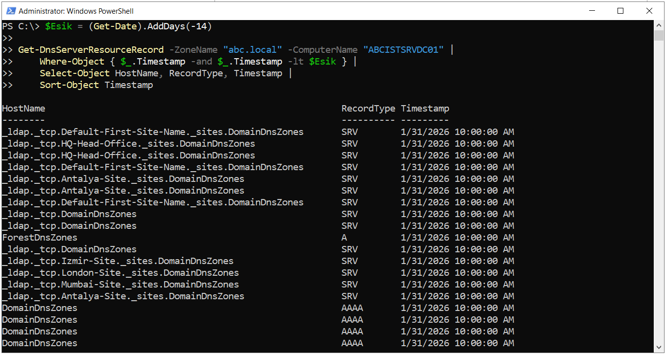 PowerShell ile listelenen Stale DNS kayıtları, Site bazlı SRV kayıtları