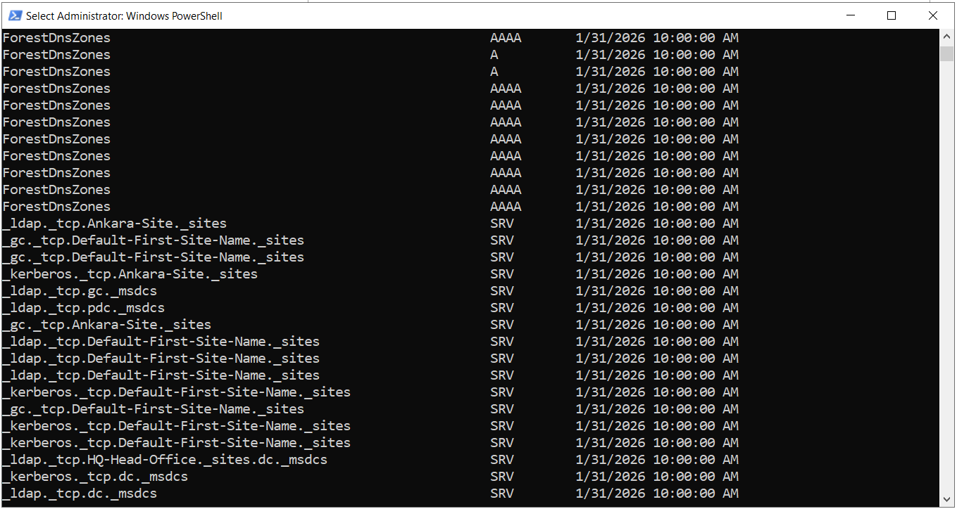PowerShell ile listelenen Stale DNS kayıtları, _kerberos ve _gc SRV kayıtları