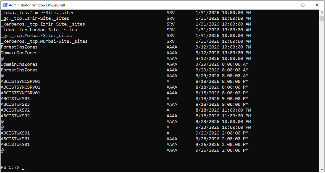 PowerShell ile listelenen Stale DNS kayıtları, sunucu ve Client kayıtları