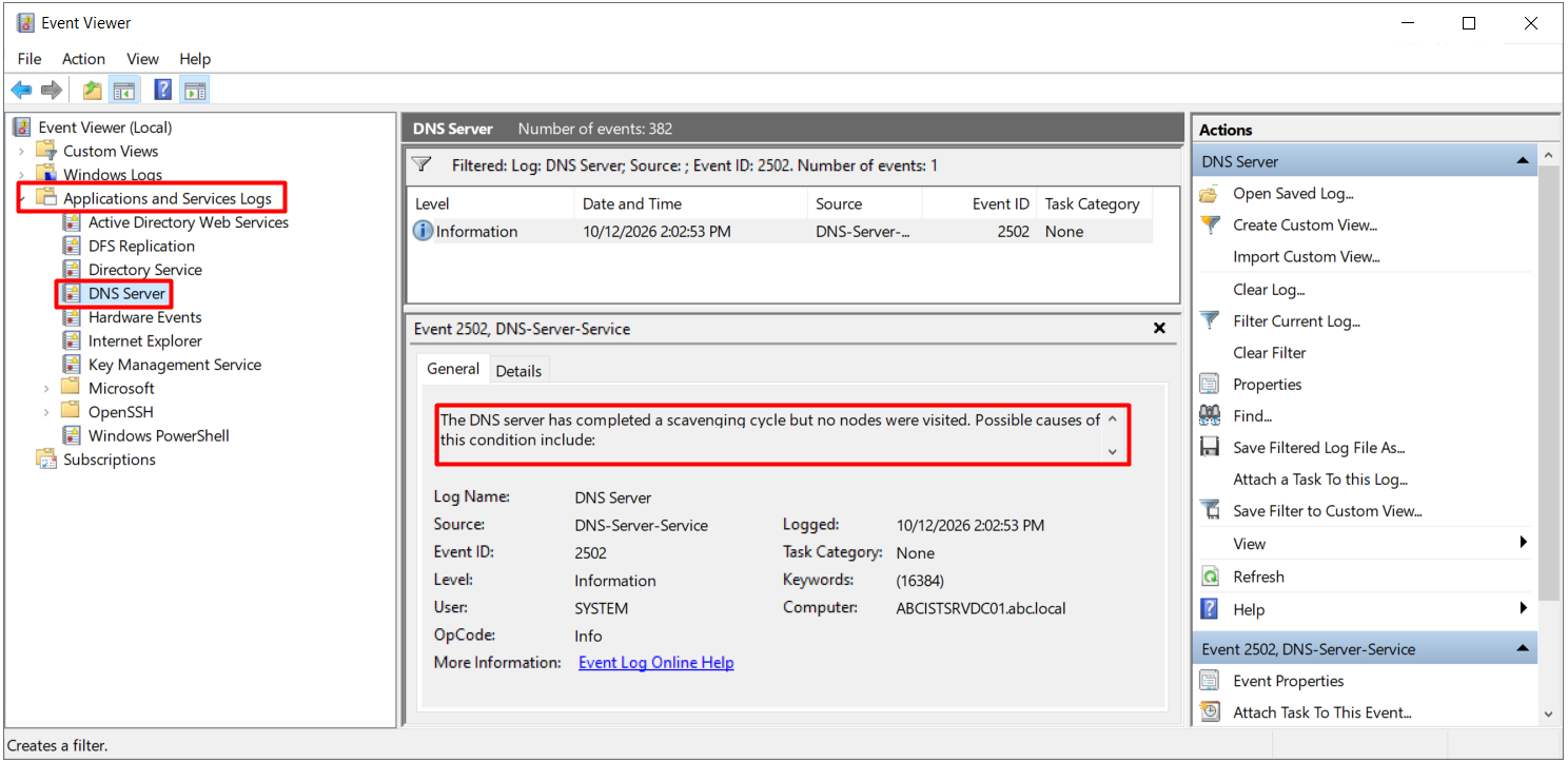 DNS Server Event Log’unda Event ID 2502 Scavenging döngüsü kaydı