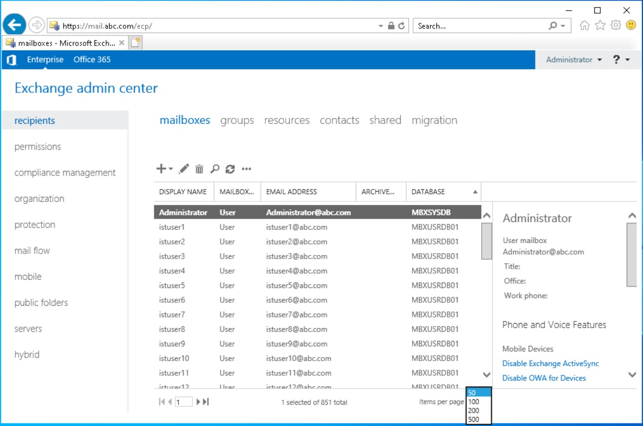 Exchange Server Items Per Page Sayı Değerini Değiştirme