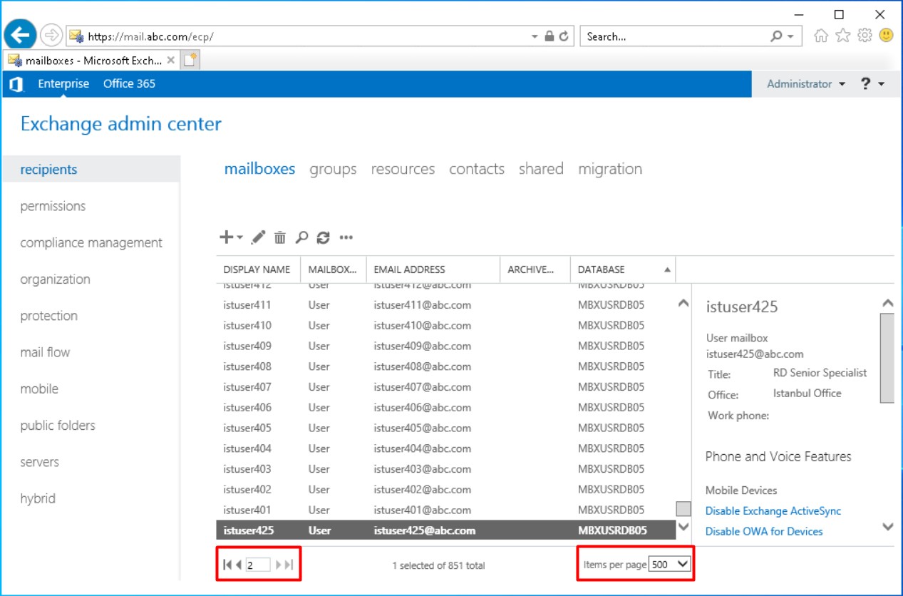 Exchange Server Items Per Page Sayı Değerini Değiştirme