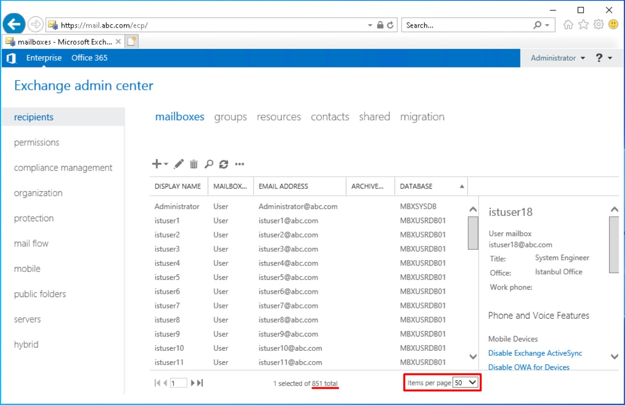 Exchange Server Items Per Page Sayı Değerini Değiştirme