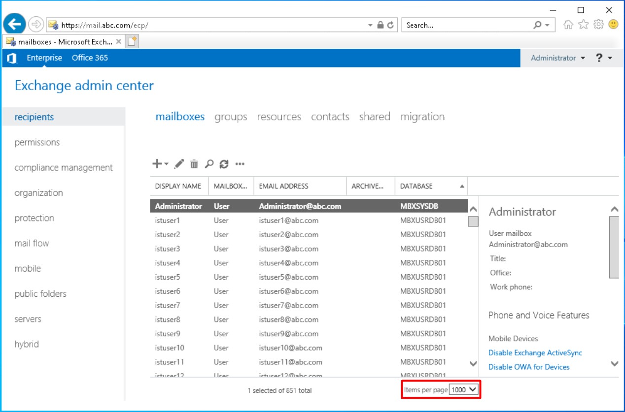 Exchange Server Items Per Page Sayı Değerini Değiştirme