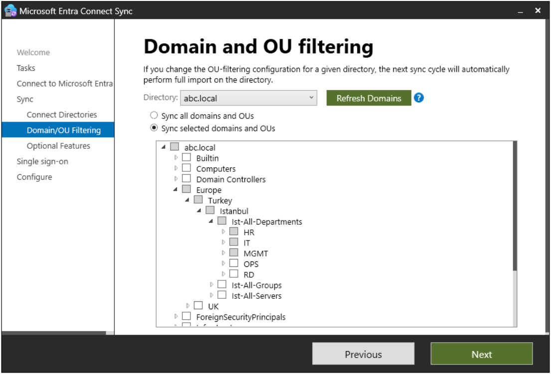 Entra Connect Sync Domain and OU filtering ekranı, Sync Scope dışındaki OU'lar
