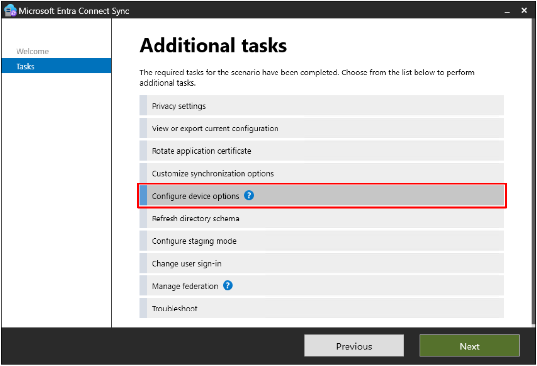 Entra Connect Sync Additional tasks, Configure device options seçimi