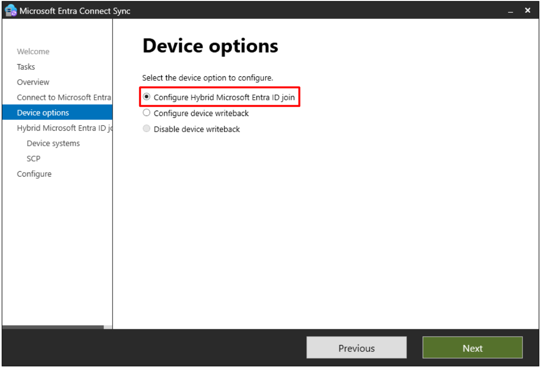 Device options ekranında Configure Hybrid Microsoft Entra ID join seçimi