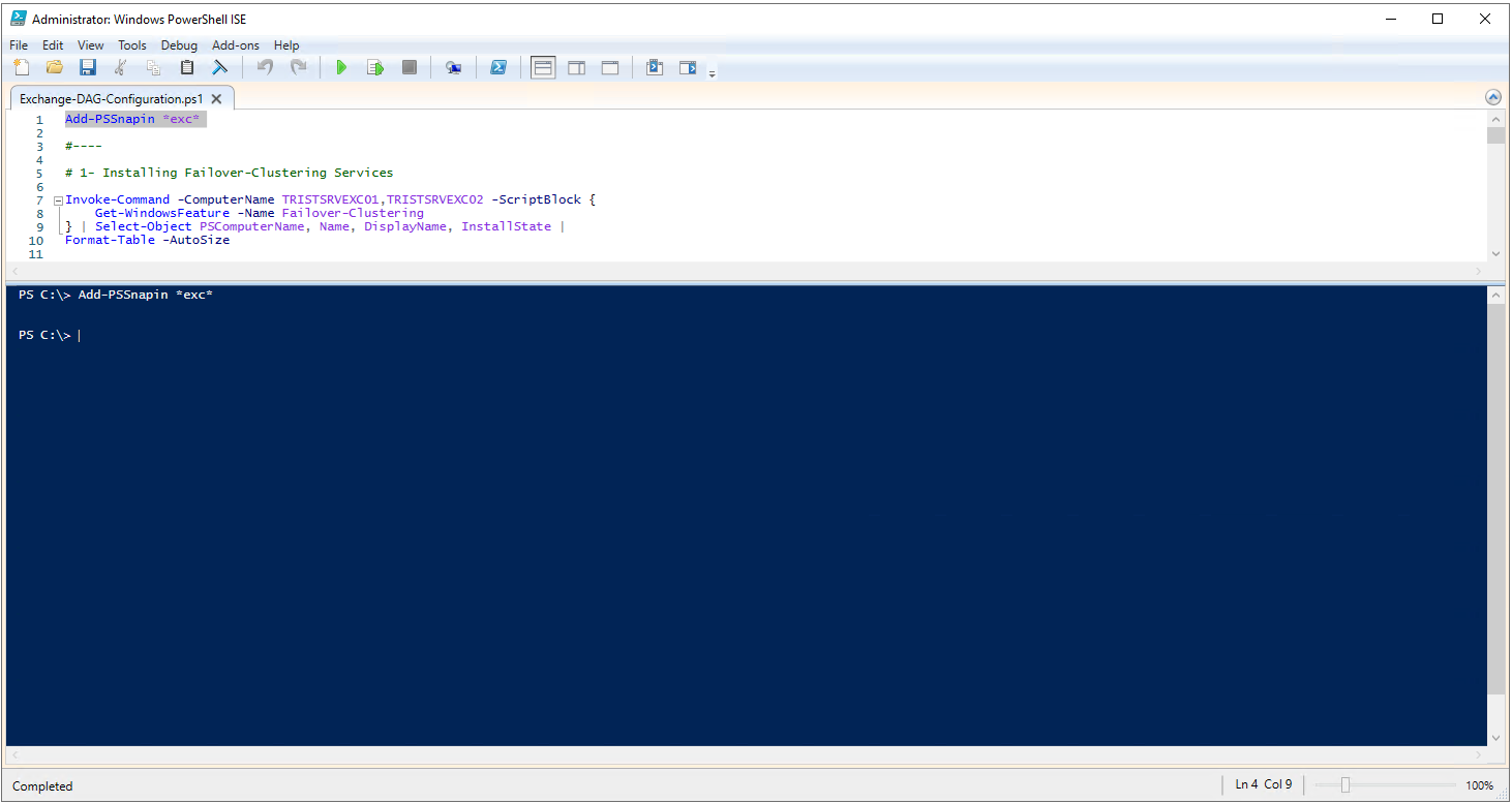 Add-PSSnapin ile Exchange snap-in yüklenmesi ve Invoke-Command ile Failover Clustering durumunun sorgulanması