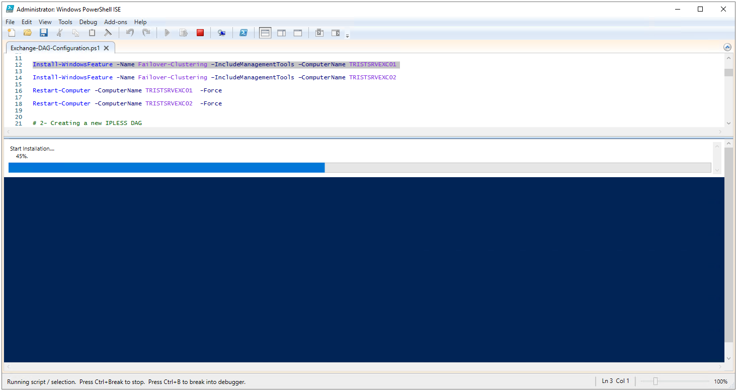 TRISTSRVEXC01 üzerinde Failover Clustering kurulumunun yüzde 45 ilerlemesi