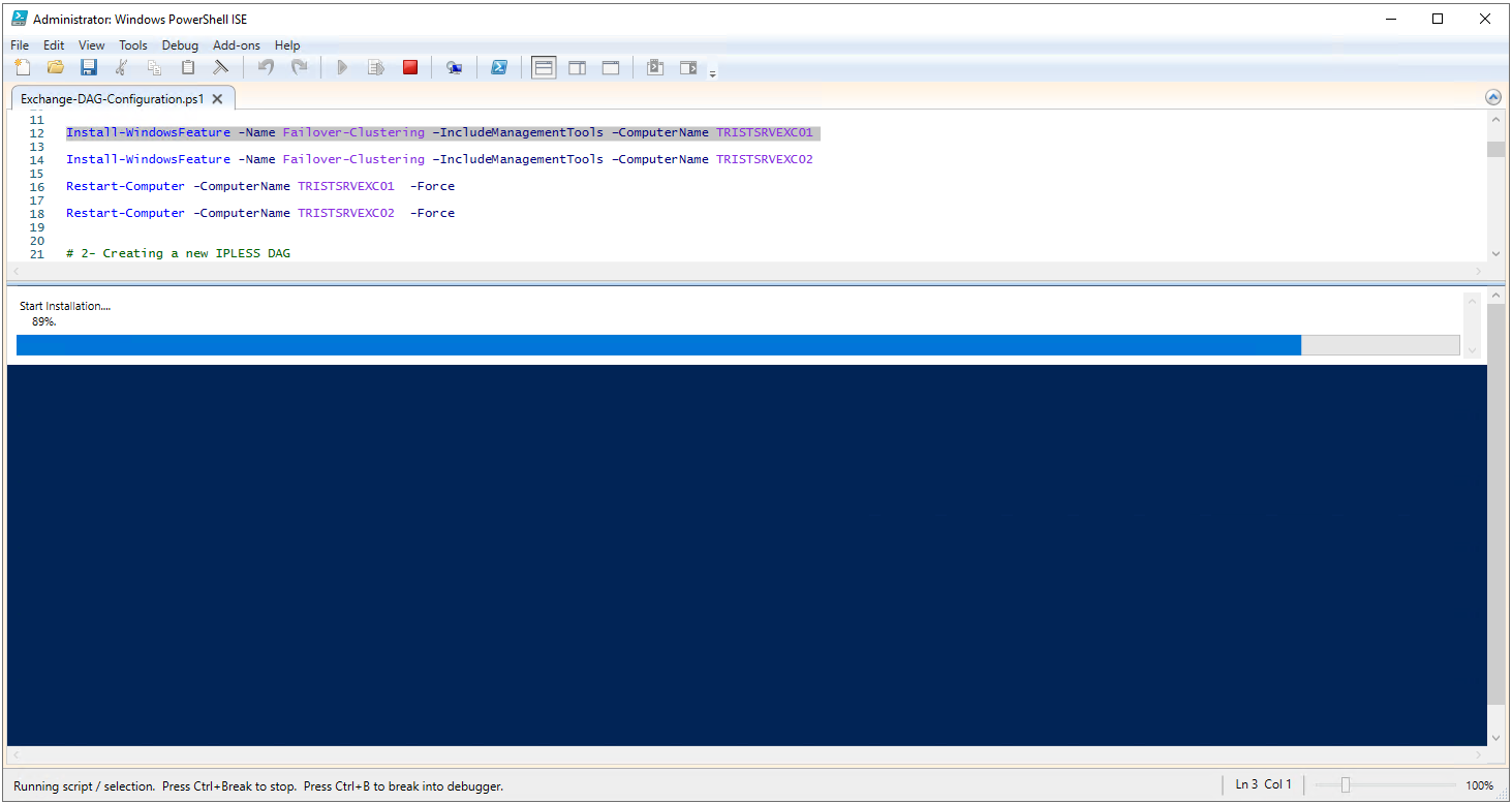 TRISTSRVEXC01 üzerinde Failover Clustering kurulumunun yüzde 89 ilerlemesi