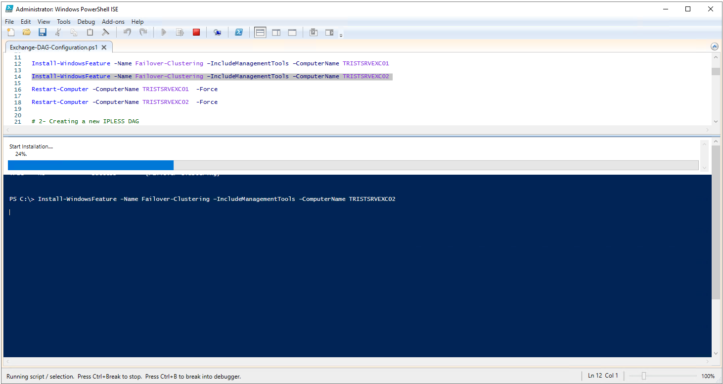 TRISTSRVEXC02 üzerinde Failover Clustering kurulumunun yüzde 24 ilerlemesi