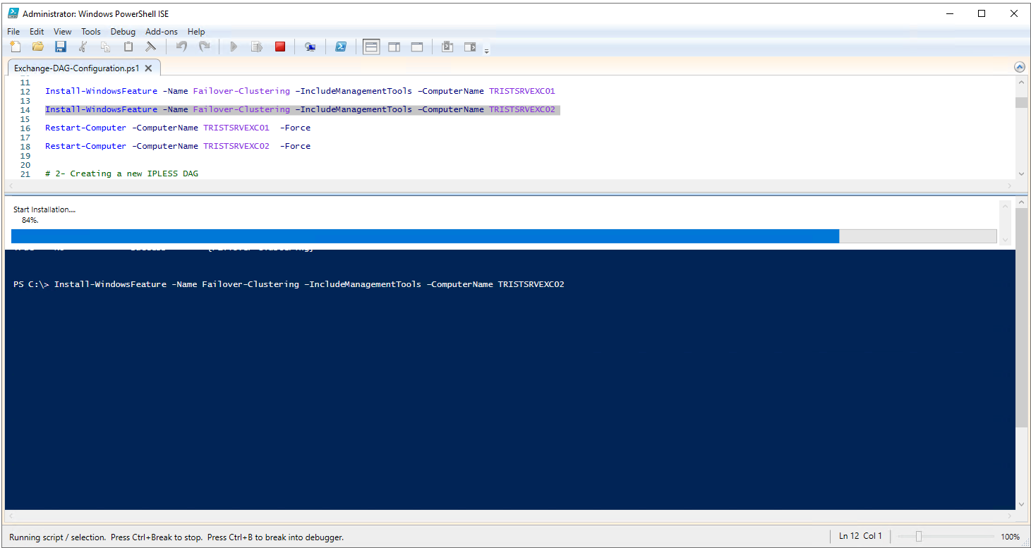 TRISTSRVEXC02 üzerinde Failover Clustering kurulumunun yüzde 84 ilerlemesi