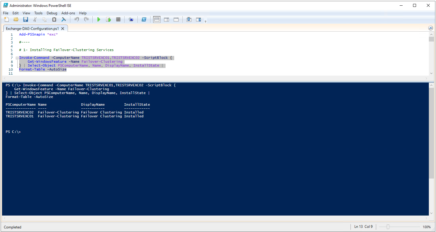 Her iki Exchange Server üzerinde Failover Clustering Feature durumunun Installed olarak doğrulanması