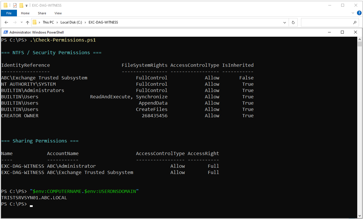 Witness Server üzerindeki EXC-DAG-WITNESS dizini için NTFS ve Sharing izinlerinin doğrulanması