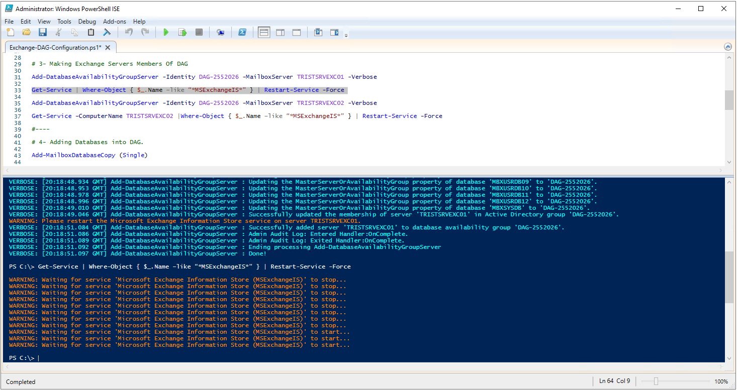 İlk Server üzerinde Microsoft Exchange Information Store servisinin yeniden başlatılması