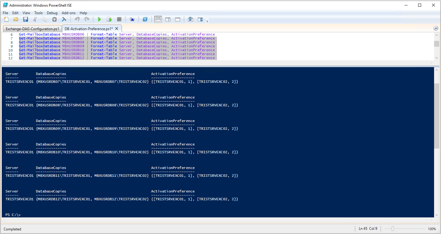 MBXUSRDB07 ile MBXUSRDB12 arası veritabanları için Activation Preference değerlerinin listelenmesi