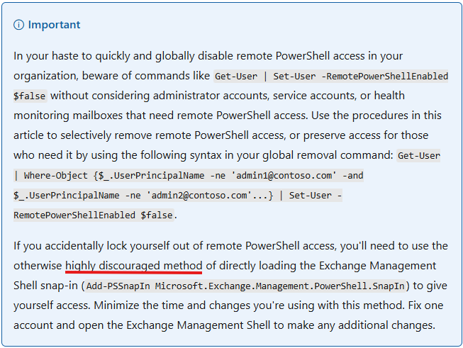 Microsoft Learn dokümantasyonunda snap-in'in doğrudan yüklenmesinin highly discouraged olarak nitelendirilmesi